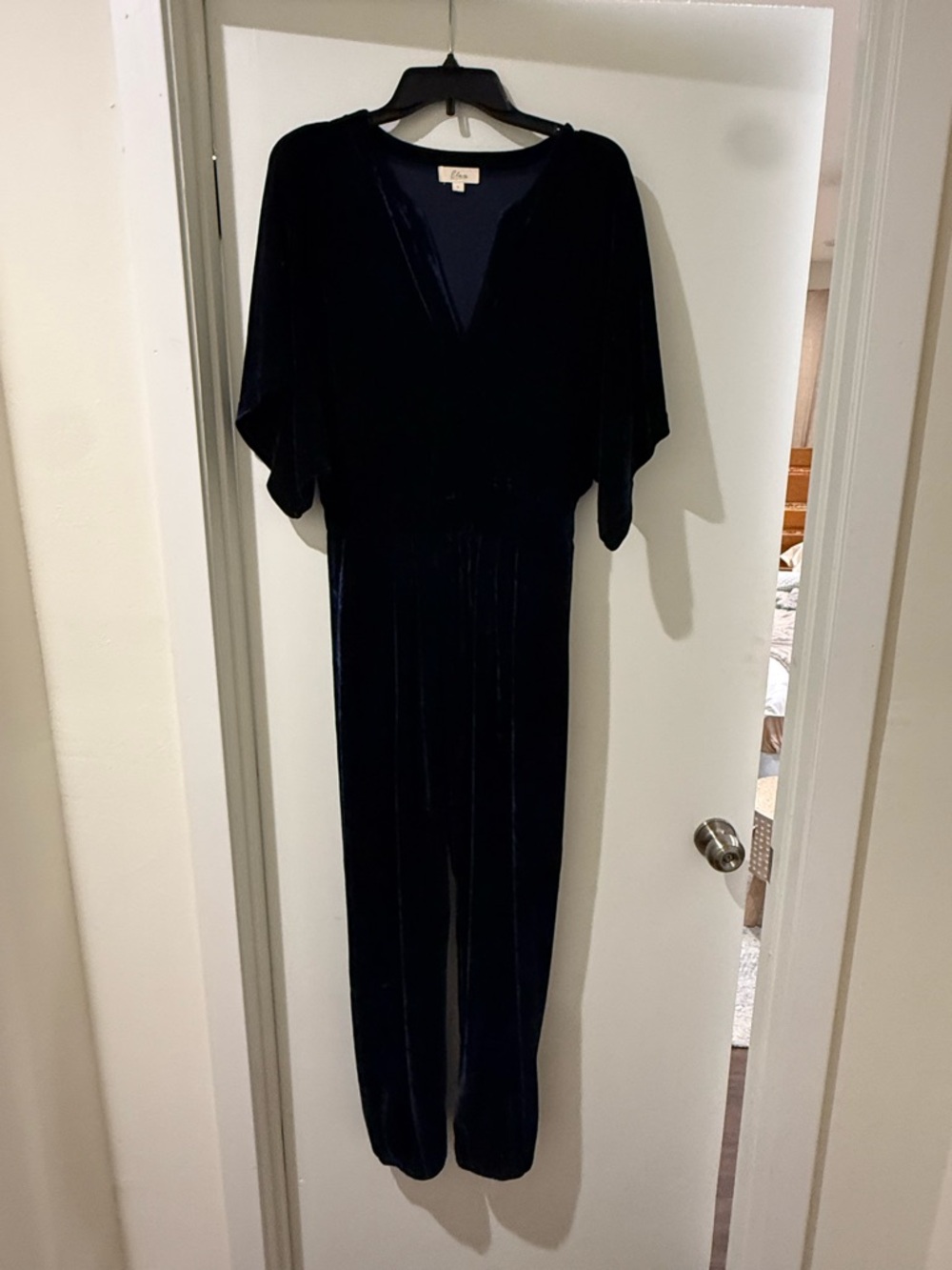 Elan Navy Velvet V-Neck Jumpsuit